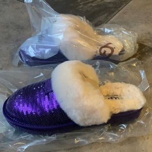 Purple sparkly UGG slippers